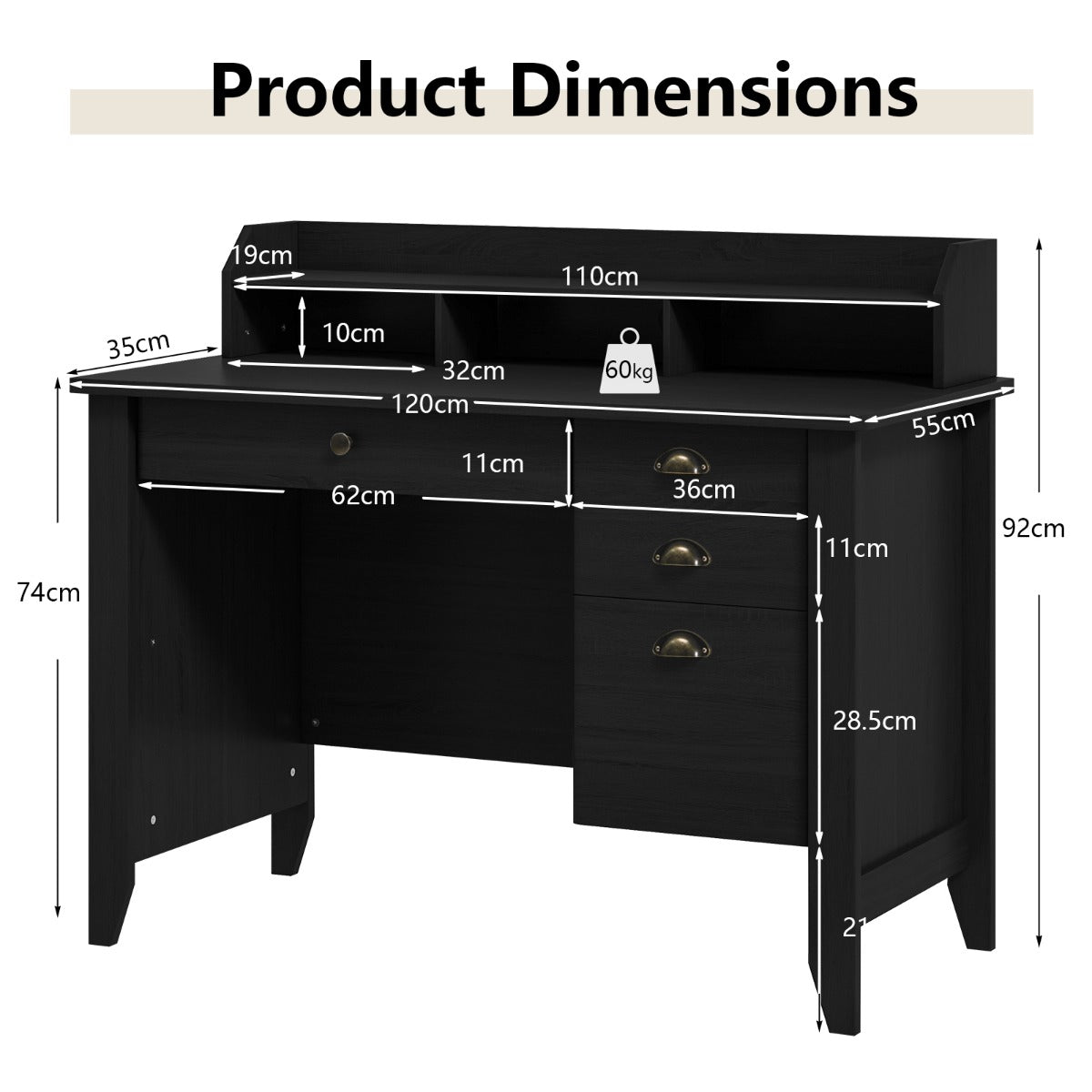 120 CM Computer Desk with 4 Storage Drawers &amp;amp; Hutch for Home Office-Black