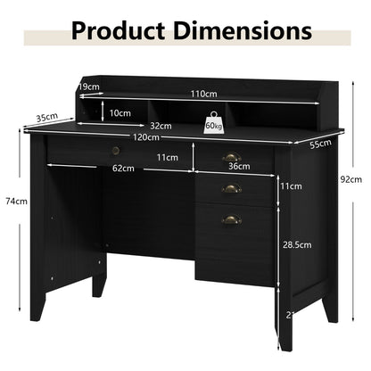 120 CM Computer Desk with 4 Storage Drawers &amp;amp; Hutch for Home Office-Black