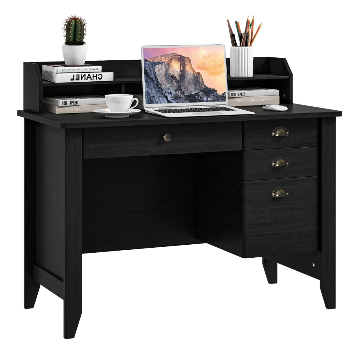 120 CM Computer Desk with 4 Storage Drawers &amp;amp; Hutch for Home Office-Black