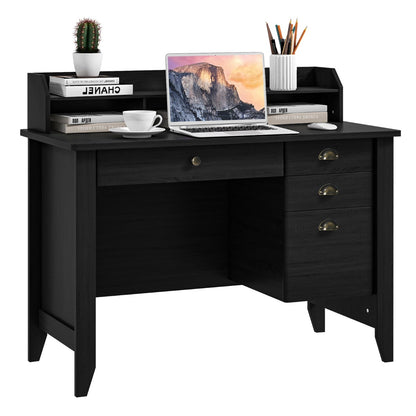 120 CM Computer Desk with 4 Storage Drawers &amp;amp; Hutch for Home Office-Black