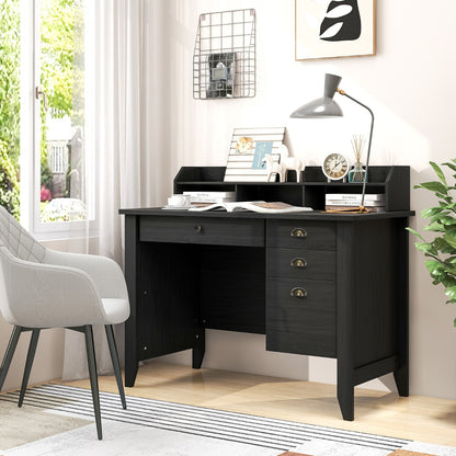 120 CM Computer Desk with 4 Storage Drawers &amp;amp; Hutch for Home Office-Black
