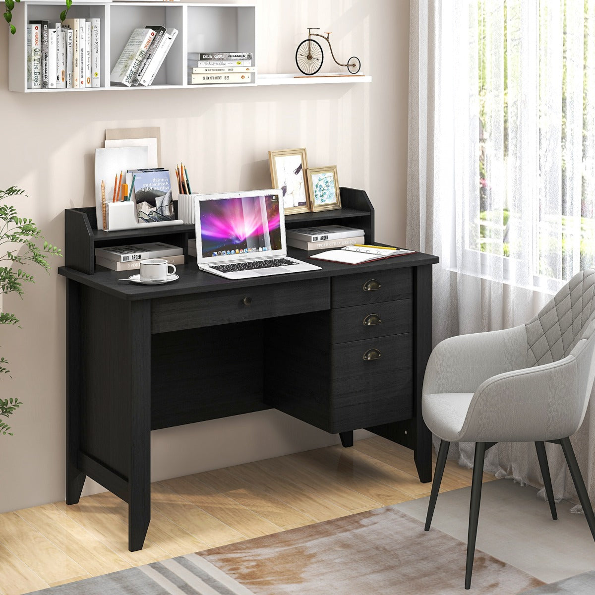 120 CM Computer Desk with 4 Storage Drawers &amp;amp; Hutch for Home Office-Black