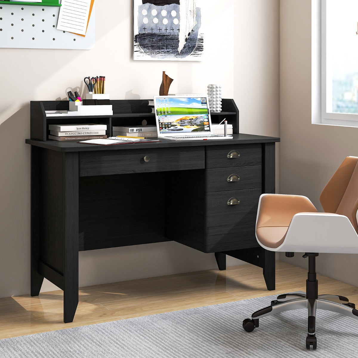 120 CM Computer Desk with 4 Storage Drawers &amp;amp; Hutch for Home Office-Black