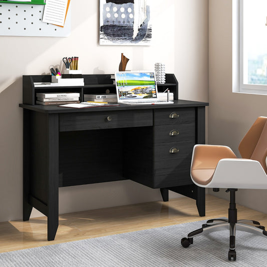 120 CM Computer Desk with 4 Storage Drawers &amp;amp; Hutch for Home Office-Black