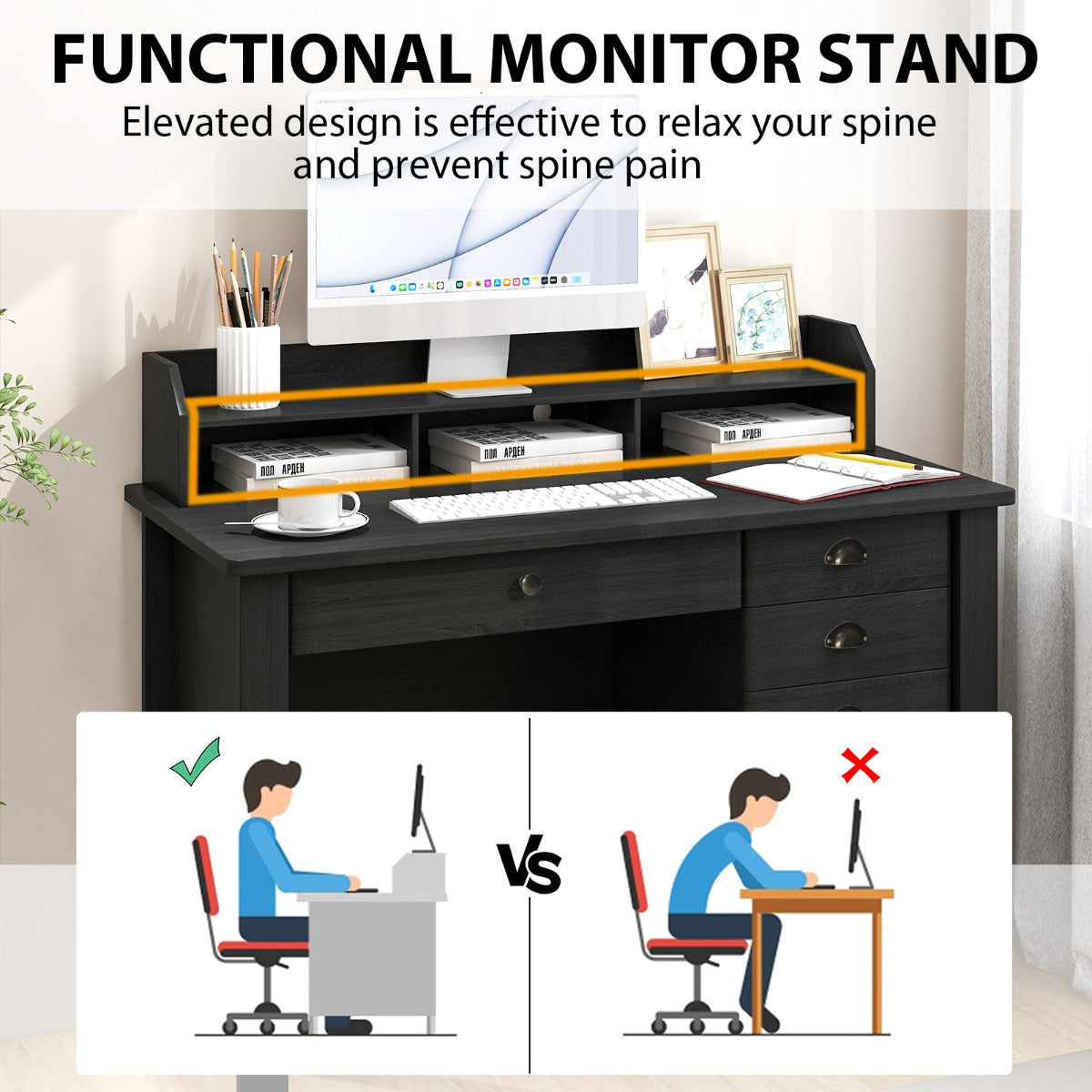 120 CM Computer Desk with 4 Storage Drawers &amp;amp; Hutch for Home Office-Black