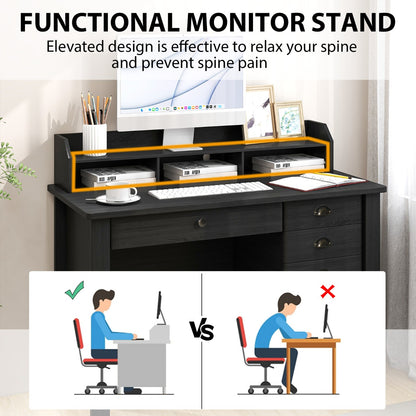 120 CM Computer Desk with 4 Storage Drawers &amp;amp; Hutch for Home Office-Black