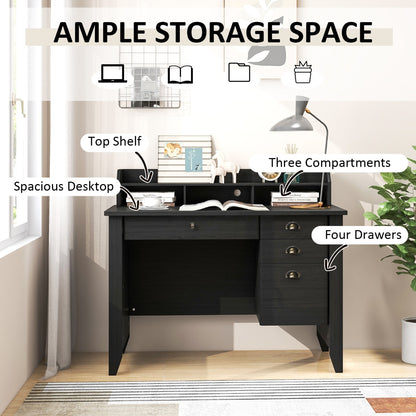 120 CM Computer Desk with 4 Storage Drawers &amp;amp; Hutch for Home Office-Black