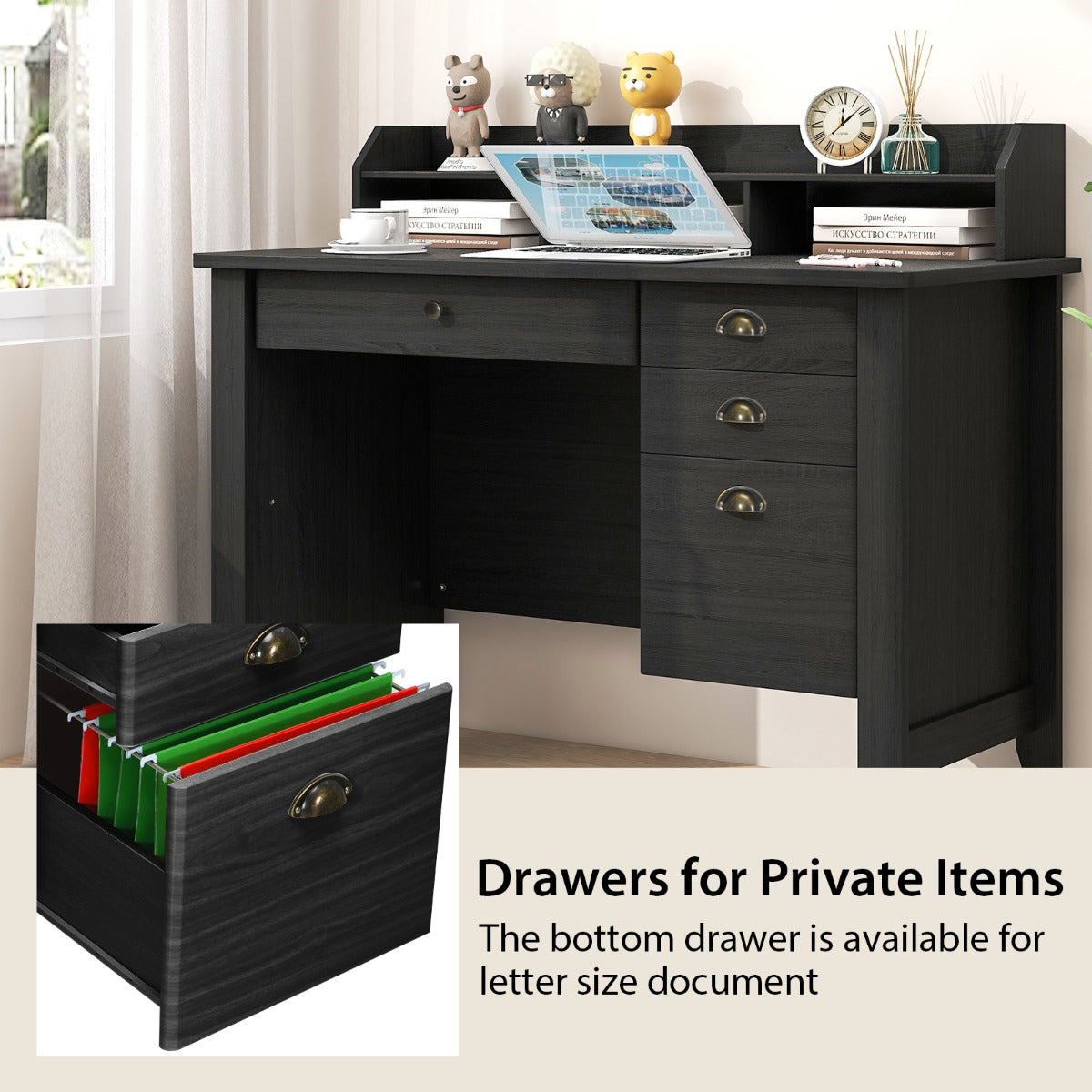 120 CM Computer Desk with 4 Storage Drawers &amp;amp; Hutch for Home Office-Black
