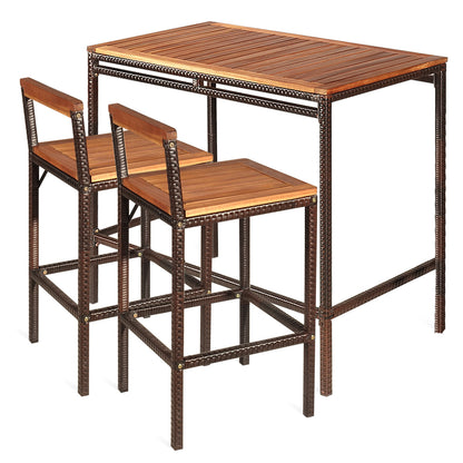 3 Pieces Outdoor Bar Table Set with Acacia Wood Tabletop & Seat