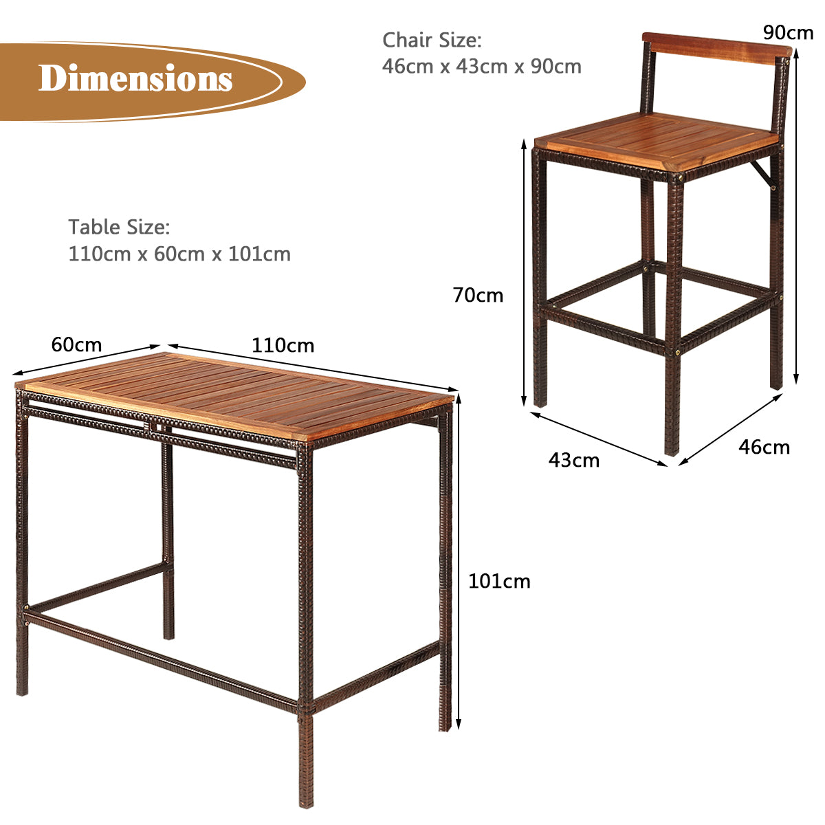 3 Pieces Outdoor Bar Table Set with Acacia Wood Tabletop & Seat