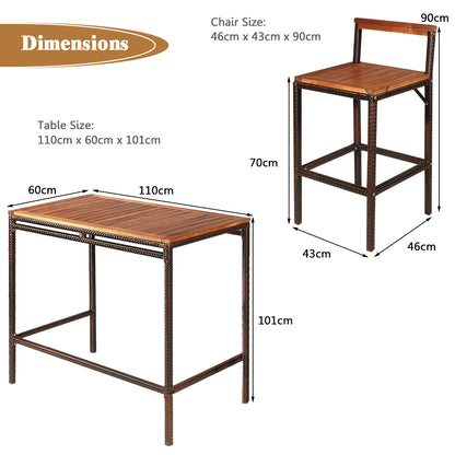 3 Pieces Outdoor Bar Table Set with Acacia Wood Tabletop & Seat