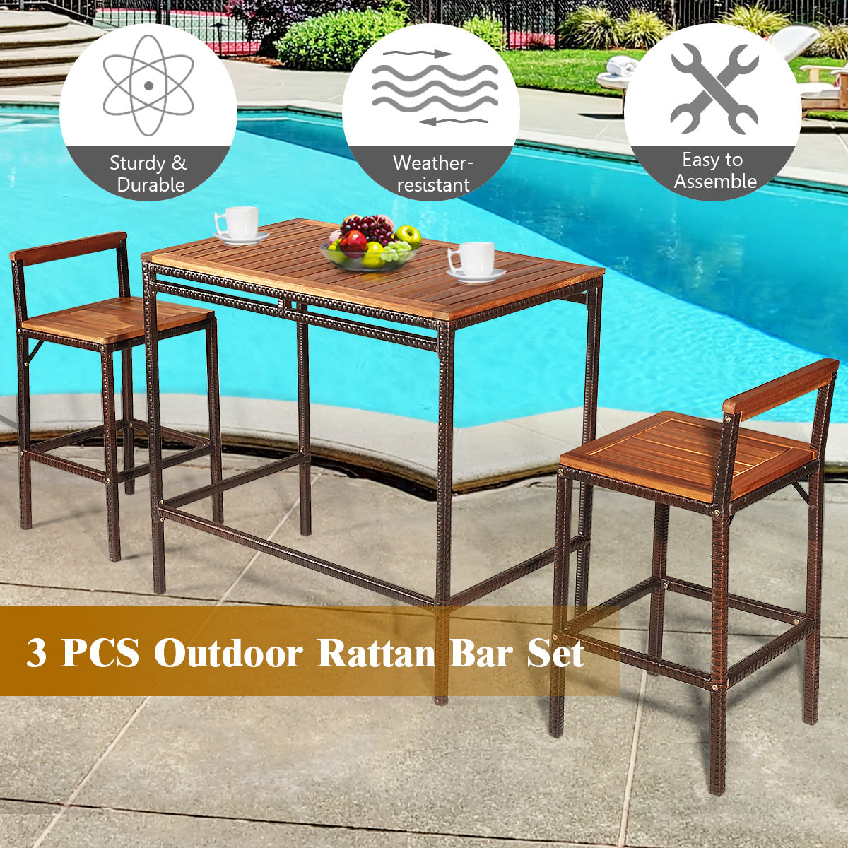 3 Pieces Outdoor Bar Table Set with Acacia Wood Tabletop & Seat