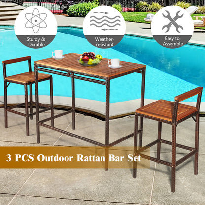 3 Pieces Outdoor Bar Table Set with Acacia Wood Tabletop & Seat