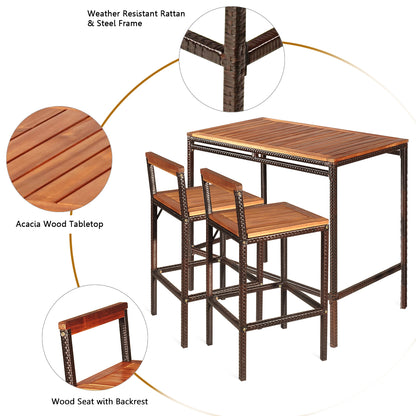 3 Pieces Outdoor Bar Table Set with Acacia Wood Tabletop & Seat