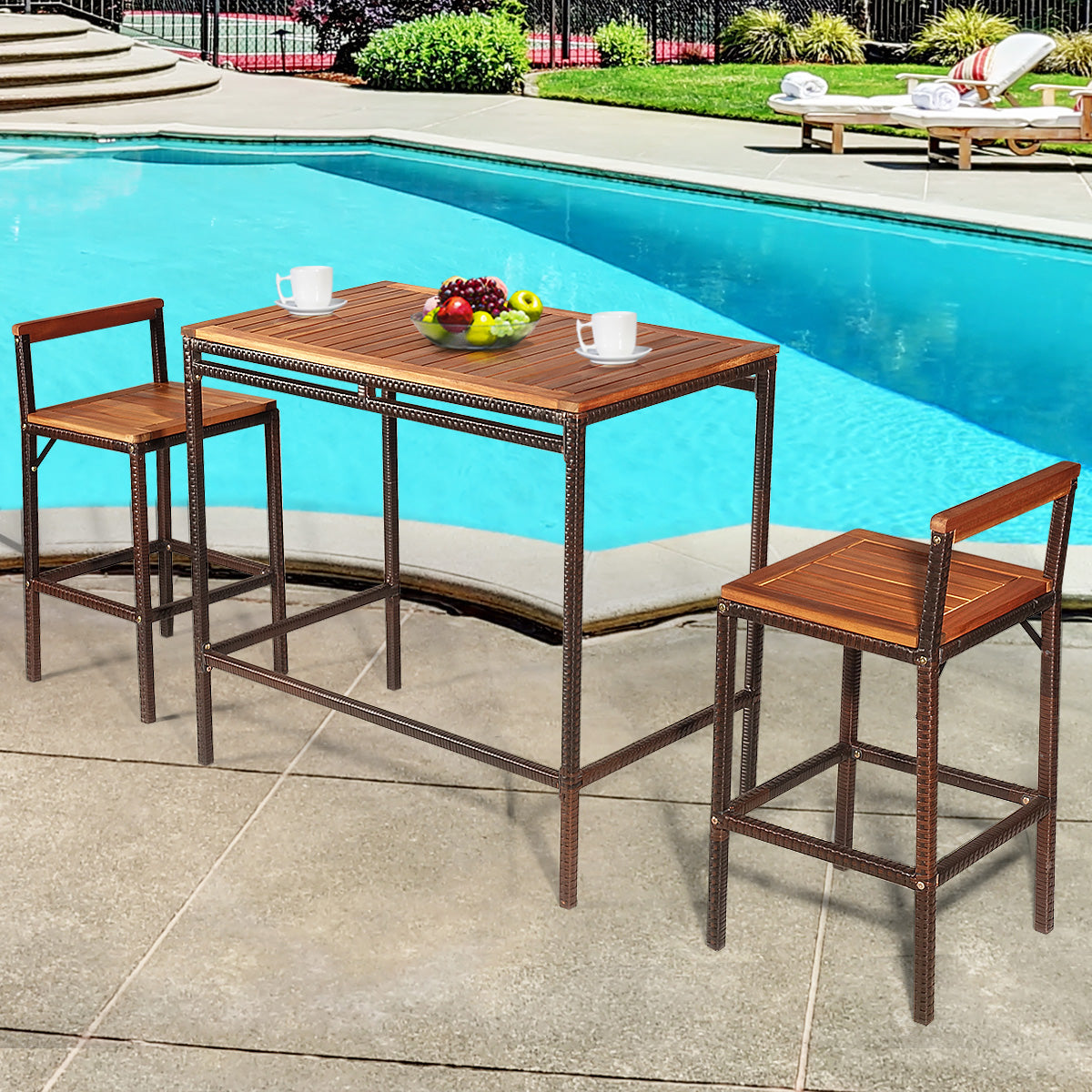 3 Pieces Outdoor Bar Table Set with Acacia Wood Tabletop & Seat