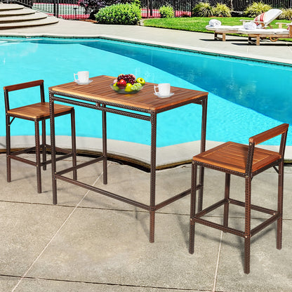 3 Pieces Outdoor Bar Table Set with Acacia Wood Tabletop & Seat