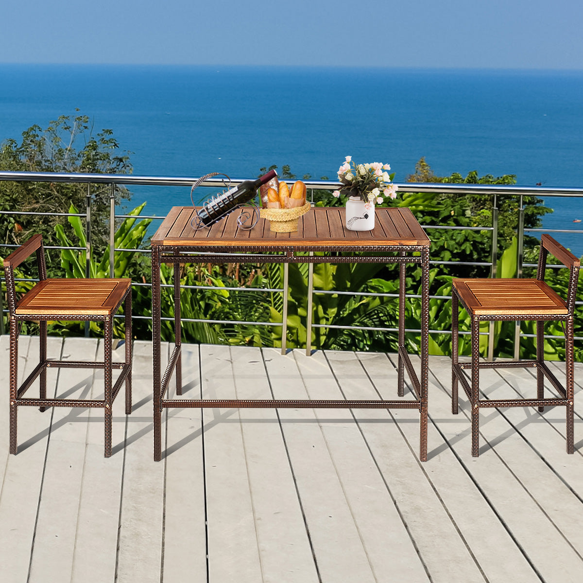 3 Pieces Outdoor Bar Table Set with Acacia Wood Tabletop & Seat