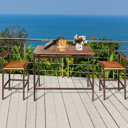 3 Pieces Outdoor Bar Table Set with Acacia Wood Tabletop & Seat