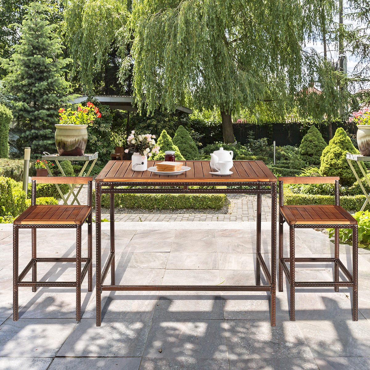 3 Pieces Outdoor Bar Table Set with Acacia Wood Tabletop & Seat