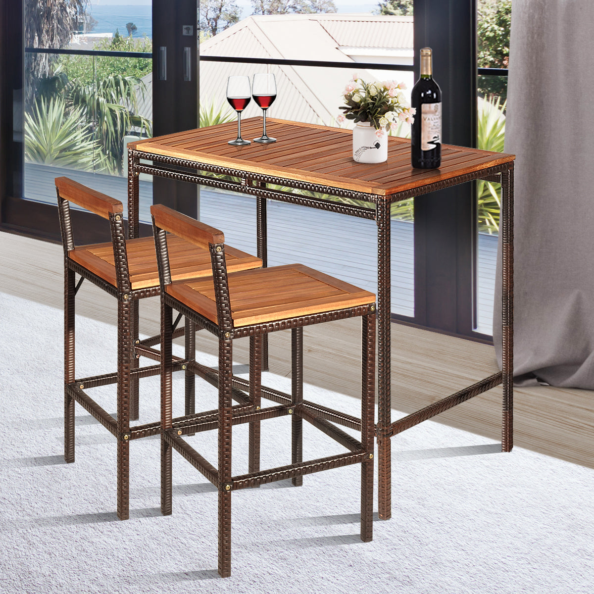 3 Pieces Outdoor Bar Table Set with Acacia Wood Tabletop & Seat