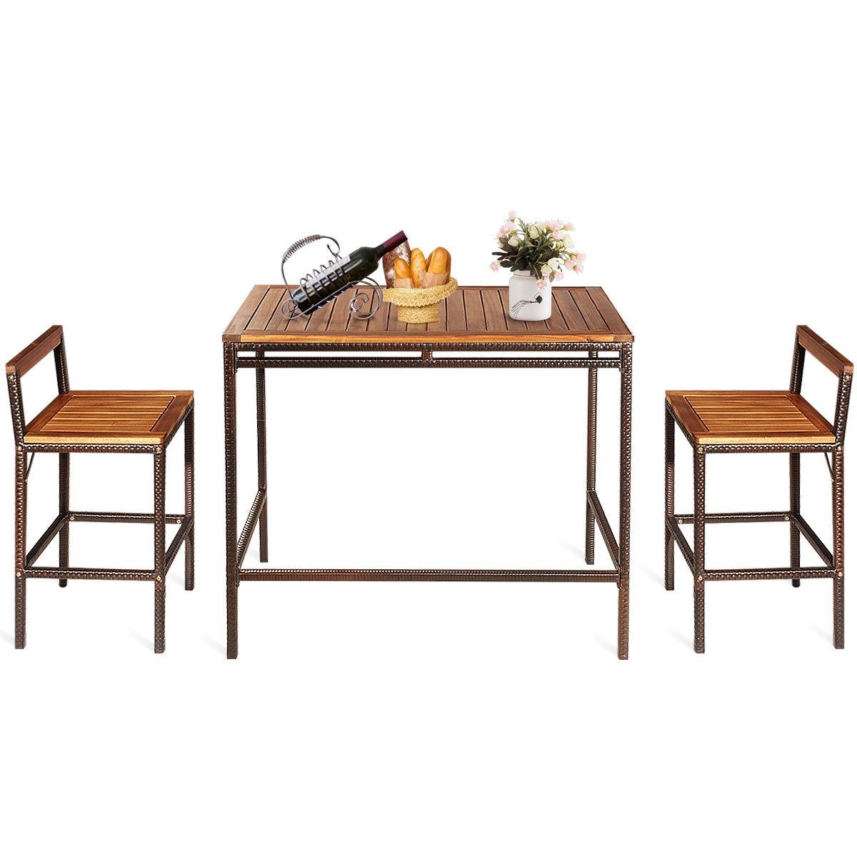 3 Pieces Outdoor Bar Table Set with Acacia Wood Tabletop & Seat