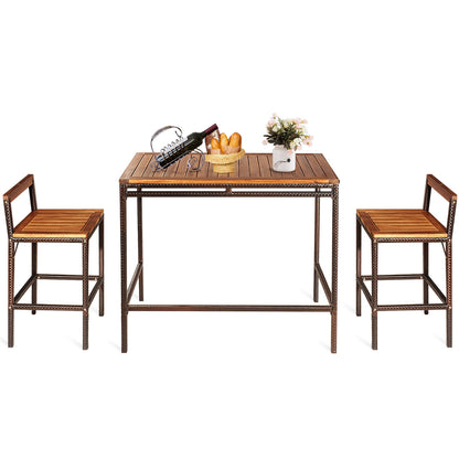 3 Pieces Outdoor Bar Table Set with Acacia Wood Tabletop & Seat