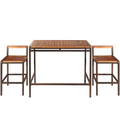 3 Pieces Outdoor Bar Table Set with Acacia Wood Tabletop & Seat