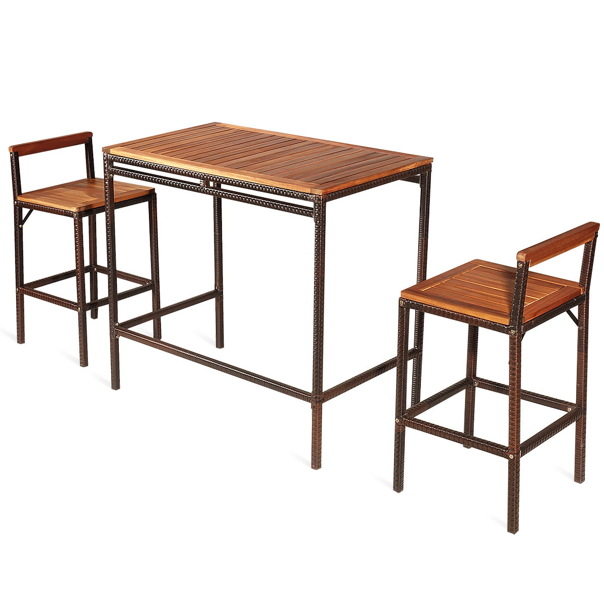 3 Pieces Outdoor Bar Table Set with Acacia Wood Tabletop & Seat