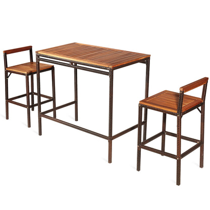 3 Pieces Outdoor Bar Table Set with Acacia Wood Tabletop & Seat