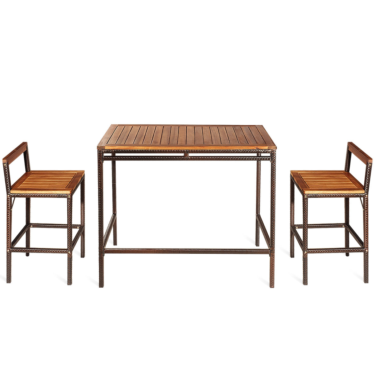 3 Pieces Outdoor Bar Table Set with Acacia Wood Tabletop & Seat