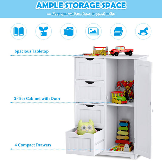 White MDF floor storage cabinet with four drawers and a single-door cupboard for organized home storage