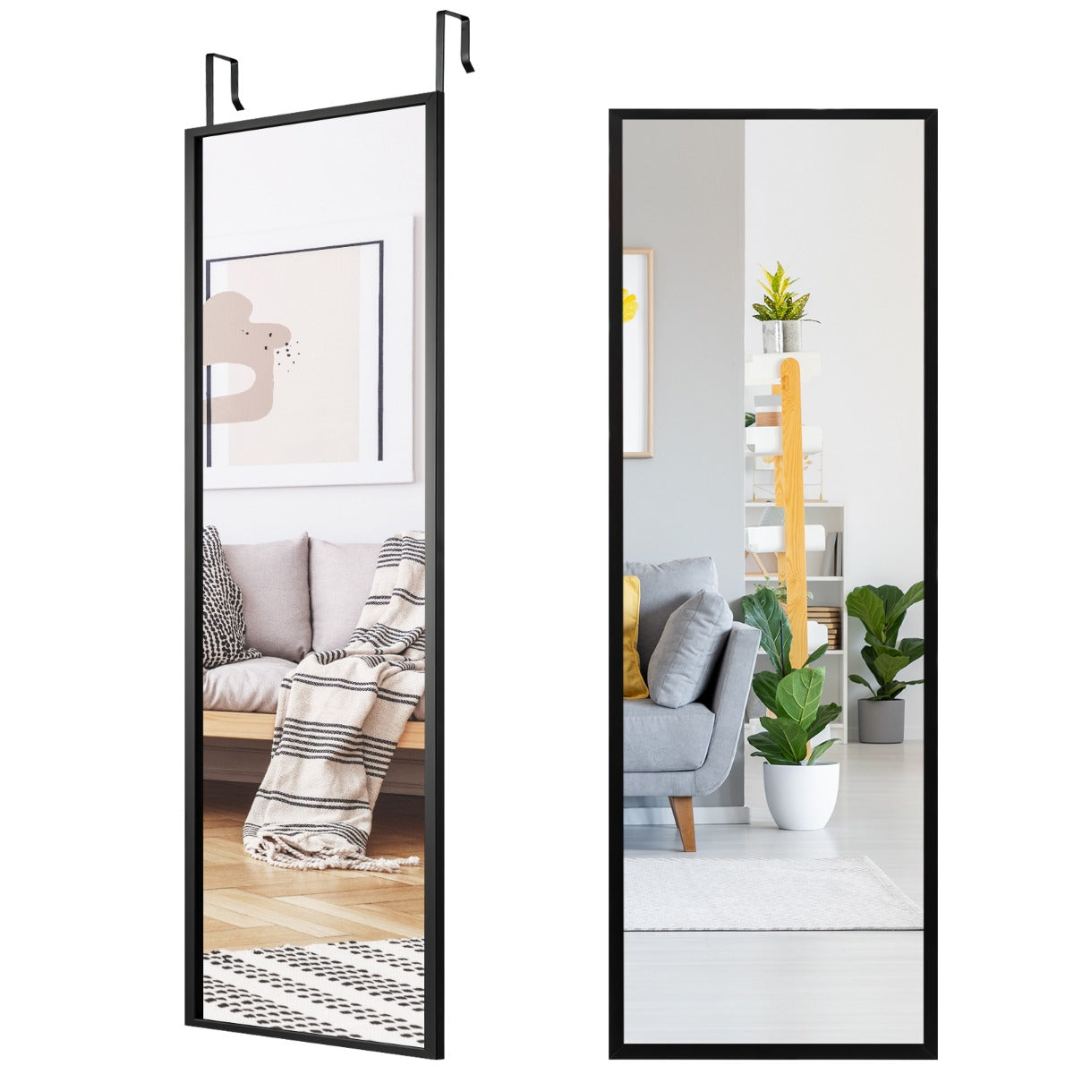 Black Wall-Mounted Full-Length Mirror with Adjustable Height, 1.08m x 0.365m