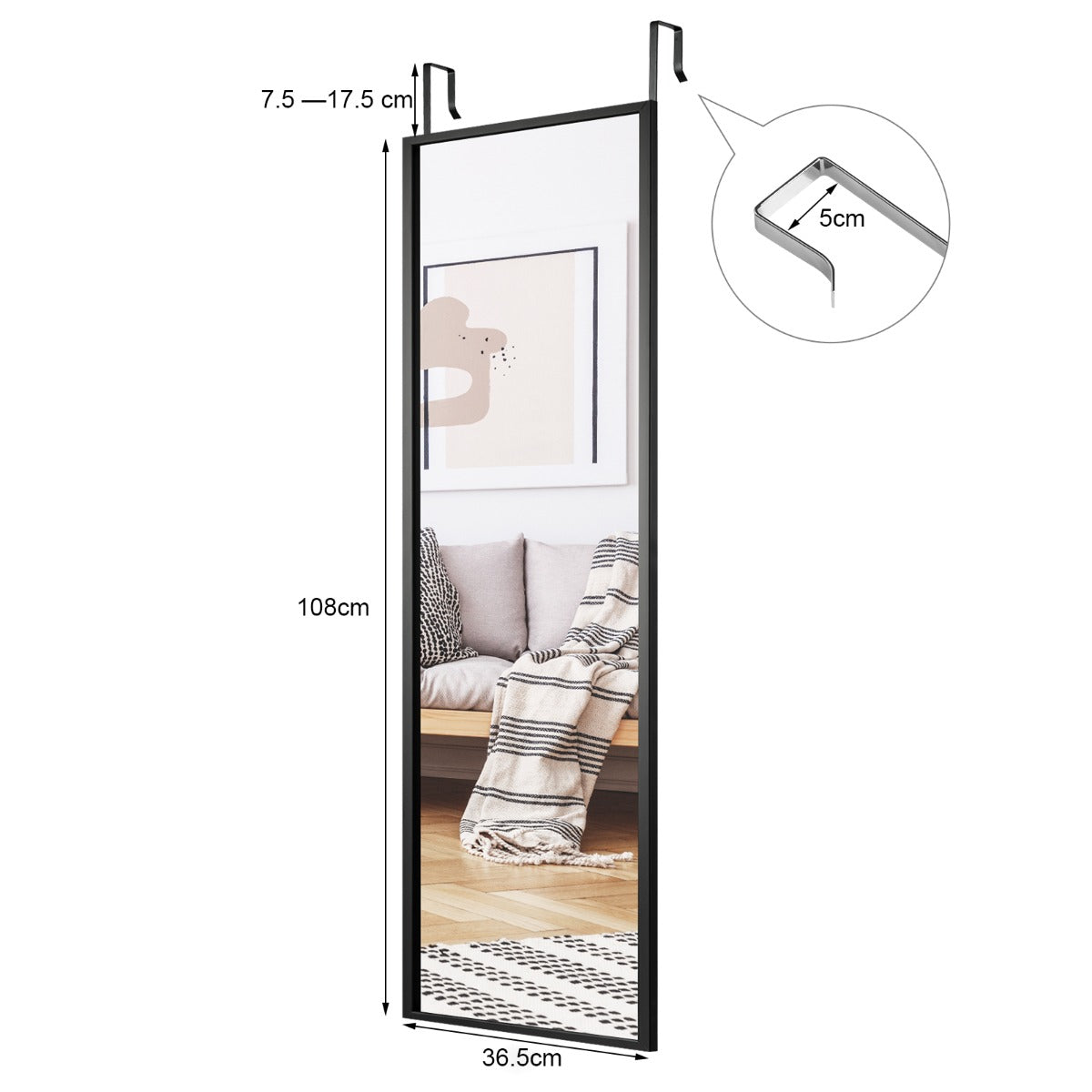 Black Wall-Mounted Full-Length Mirror with Adjustable Height, 1.08m x 0.365m