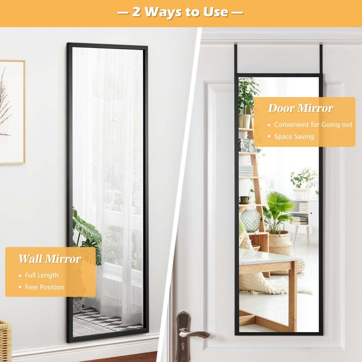 Black Wall-Mounted Full-Length Mirror with Adjustable Height, 1.08m x 0.365m