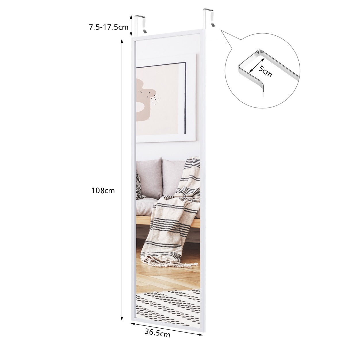 Costway Full length Mirror with Height Adjusting Hanging Hooks for Bedroom White