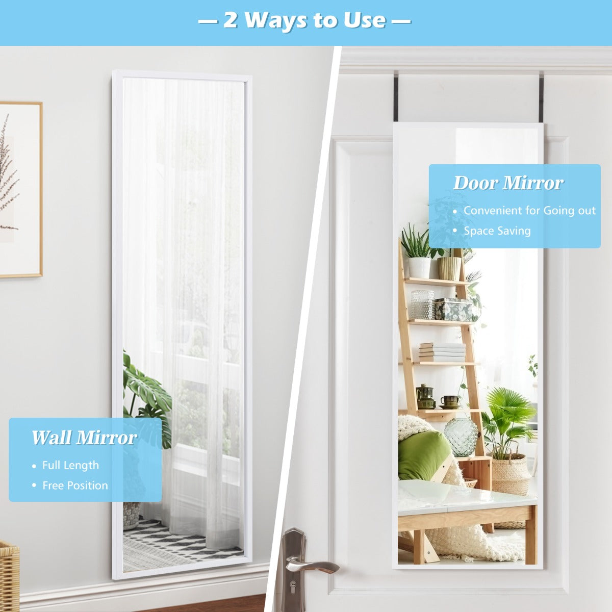 Costway Full length Mirror with Height Adjusting Hanging Hooks for Bedroom White