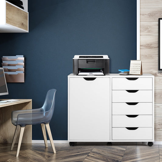 Costway Mobile Storage Unit with 5 Drawers and Cupboard-White