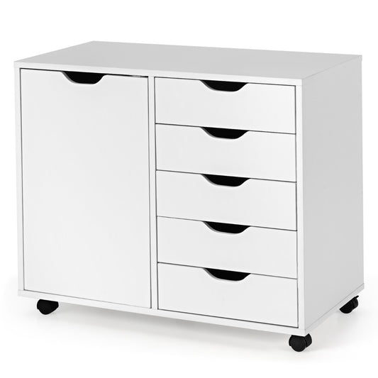 Costway Mobile Storage Unit with 5 Drawers and Cupboard-White