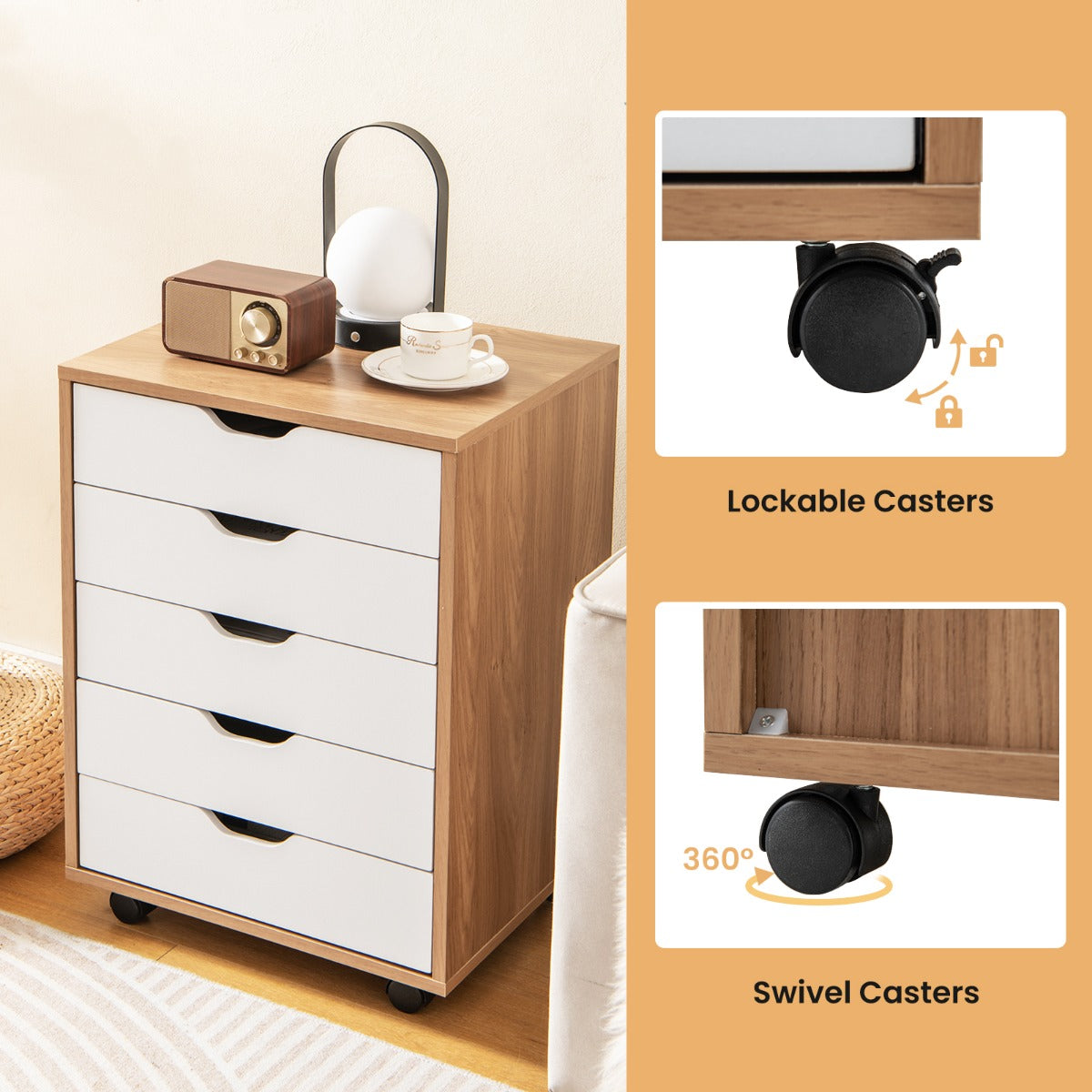 Versatile Storage Cabinet with Wheels for Home Office-Natural