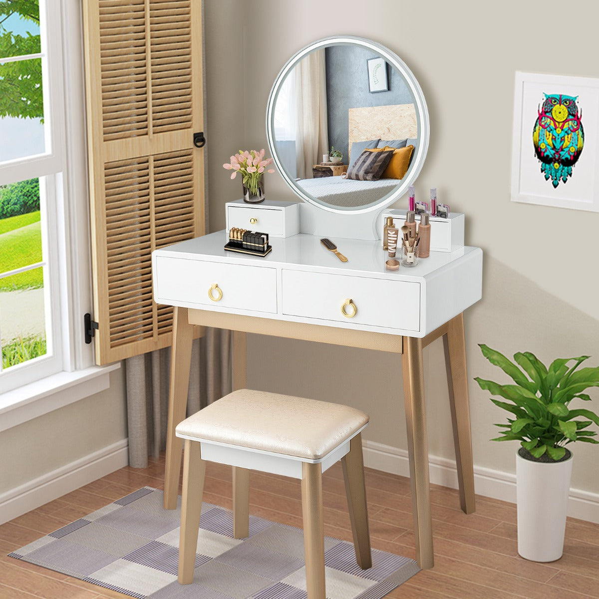 Dressing Table Stool Set with Makeup Mirror for Bedroom-White