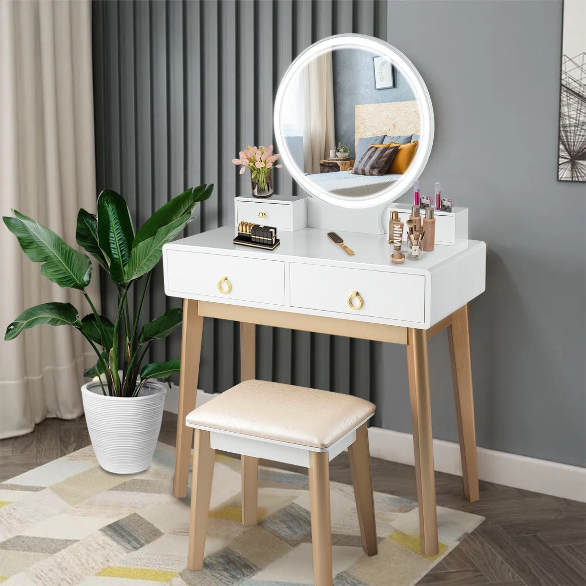 Dressing Table Stool Set with Makeup Mirror for Bedroom-White