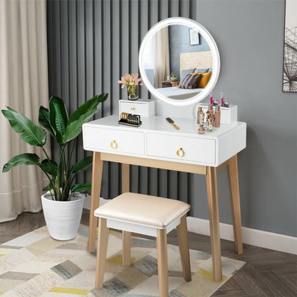 Dressing Table Stool Set with Makeup Mirror for Bedroom-White