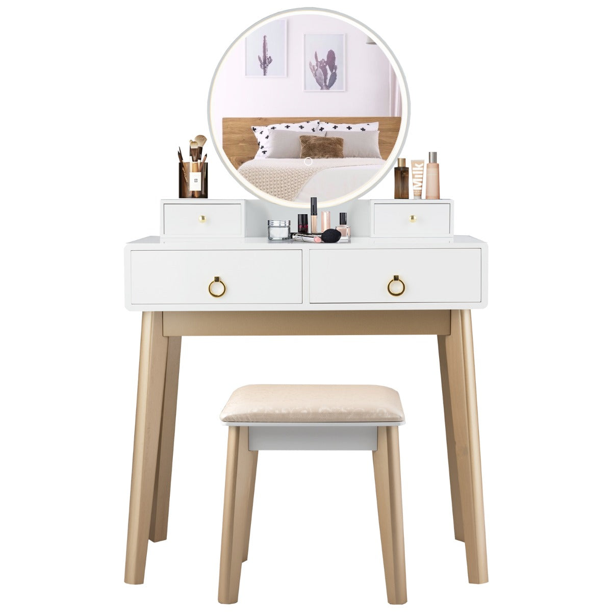 Dressing Table Stool Set with Makeup Mirror for Bedroom-White