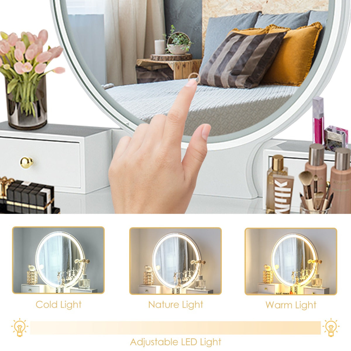 Dressing Table Stool Set with Makeup Mirror for Bedroom-White