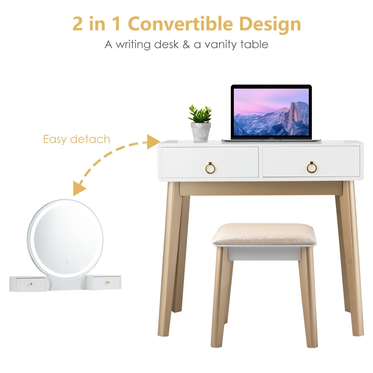 Dressing Table Stool Set with Makeup Mirror for Bedroom-White