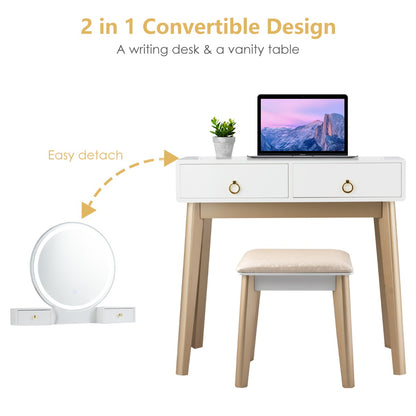 Dressing Table Stool Set with Makeup Mirror for Bedroom-White