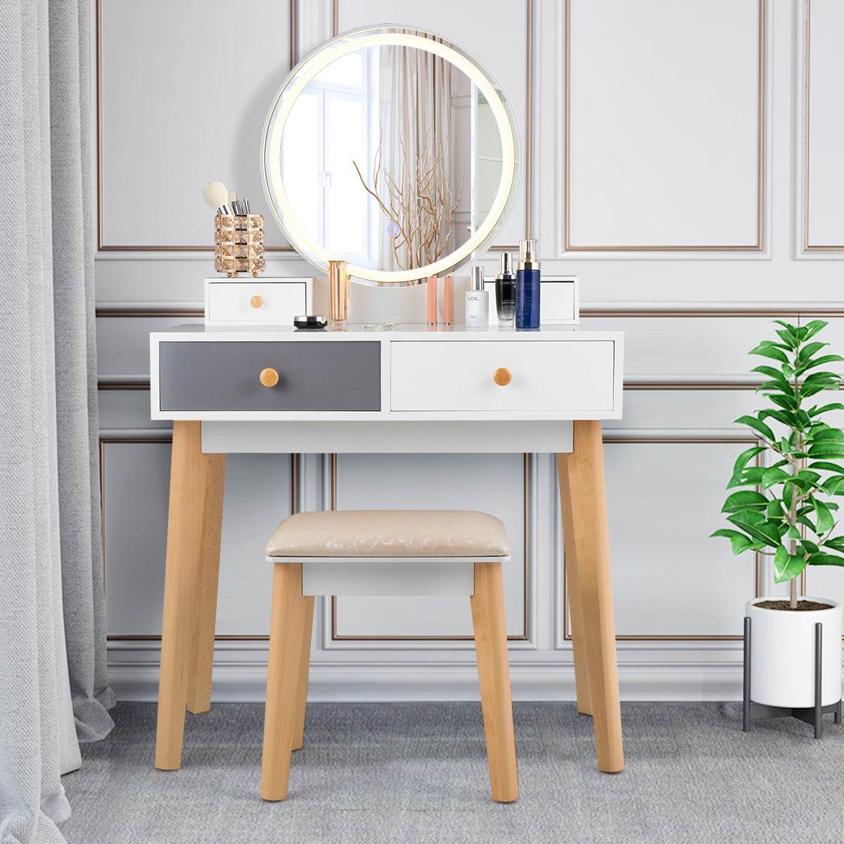 Dressing Table with Lights & Stool for Makeup