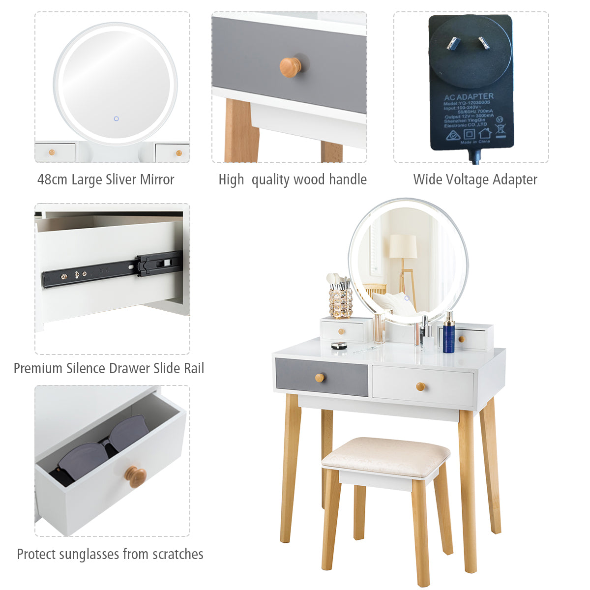 Dressing Table with Lights & Stool for Makeup