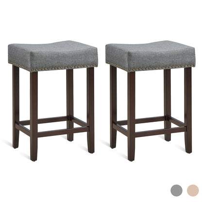 Set of 2 Saddle Barstools with Backless Nailhead Fabric Seat-Grey