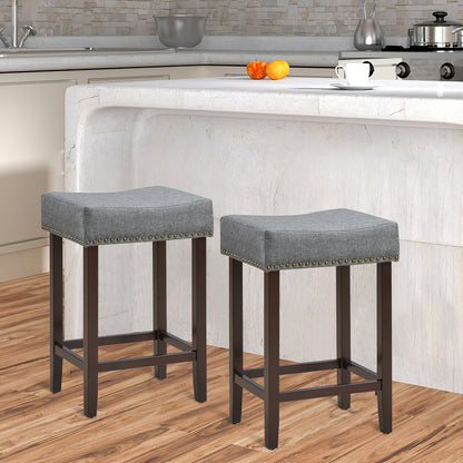 Set of 2 Saddle Barstools with Backless Nailhead Fabric Seat-Grey